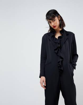 ASOS WHITE Frill Jumpsuit-Black