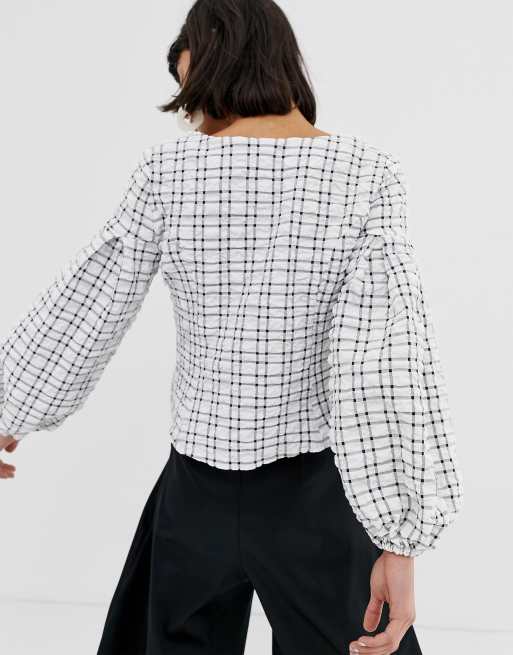 ASOS WHITE - Geruite top met vierkante hals en wafeltextuur, 2 van 4
