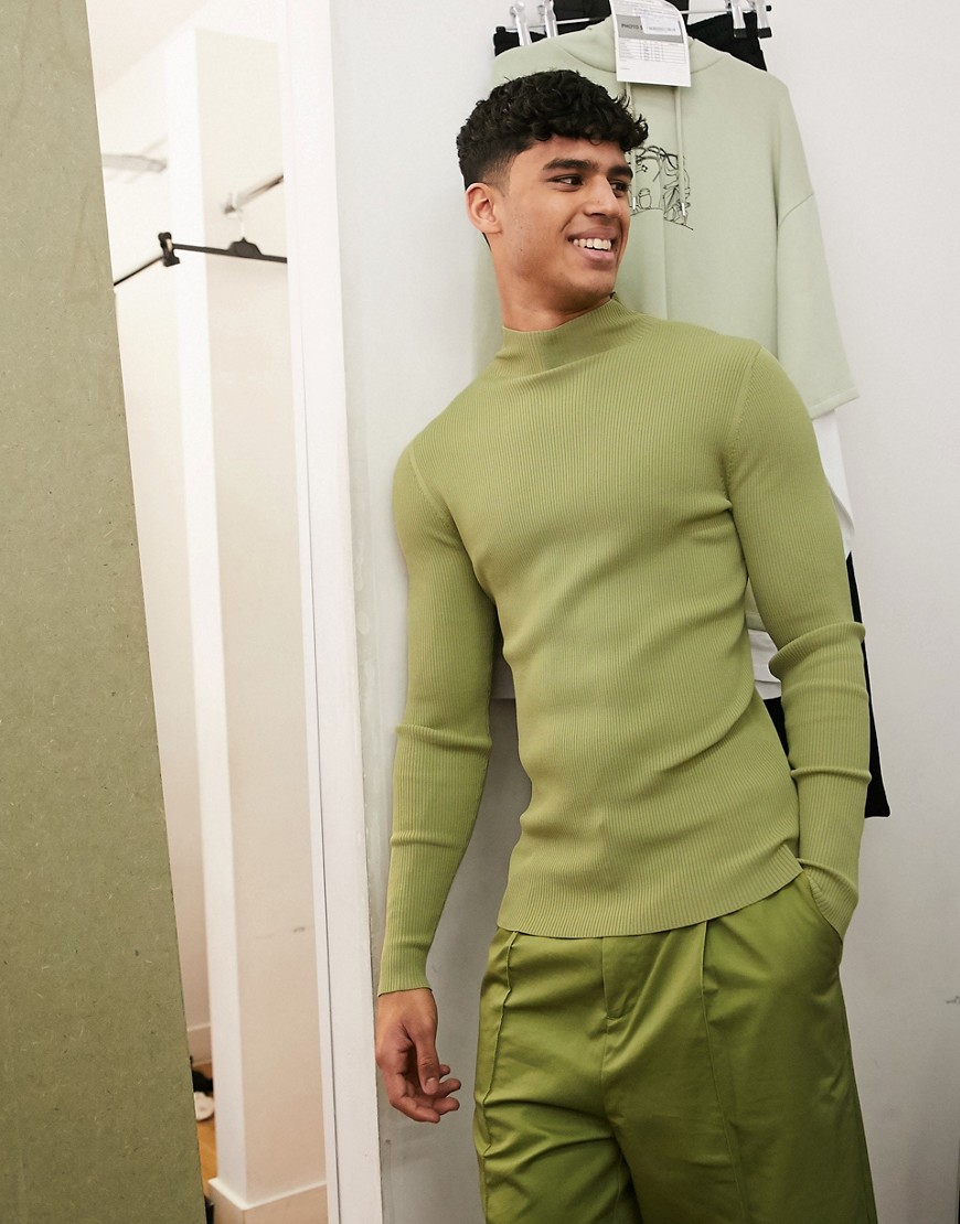 ASOS WHITE – Grön tröja i muscle fit med hög halsringning