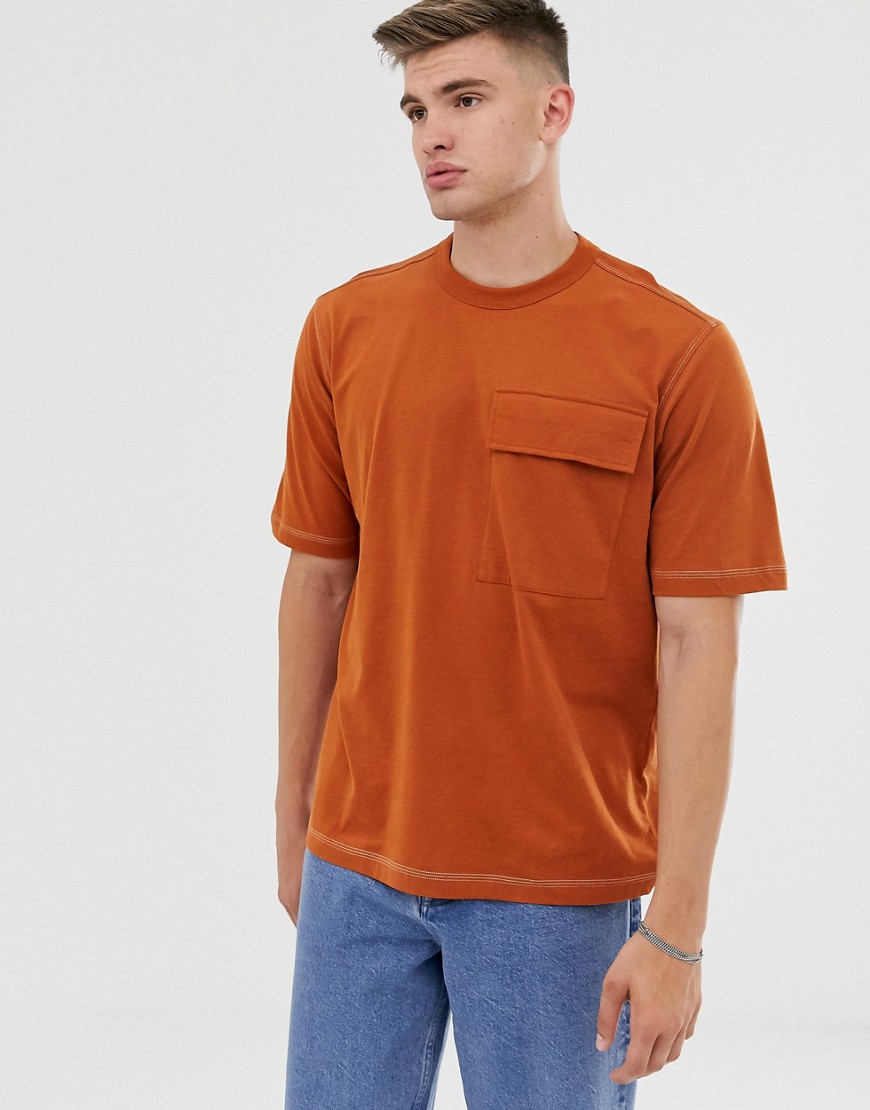ASOS WHITE – Guldbrun t-shirt i loose fit med kontrasterande sömmar