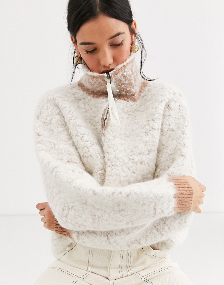 ASOS WHITE heavy wool blend half zip jumper-Multi