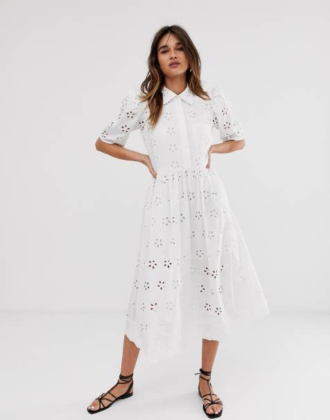ASOS WHITE – Hemdkleid in Midilänge mit Lochstickerei
