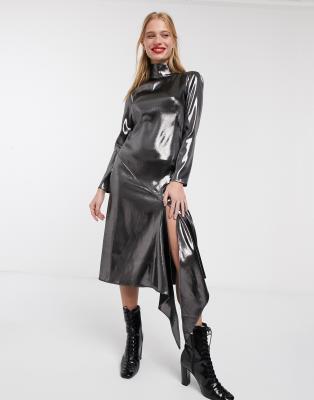 ASOS WHITE high neck metallic open back long sleeve midi dress-Black