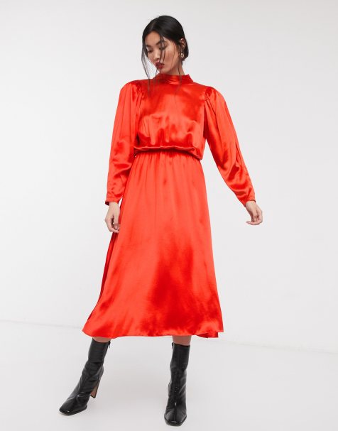 ASOS WHITE – Hochgeschlossenes Satin-Midikleid mit Rückenausschnitt