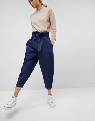 ASOS WHITE - Indigo denim jeans met hoge gerimpelde taille-Blauw