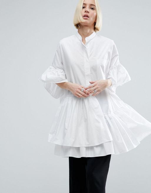 ASOS WHITE Layered Frill Hem Oversize Shirt