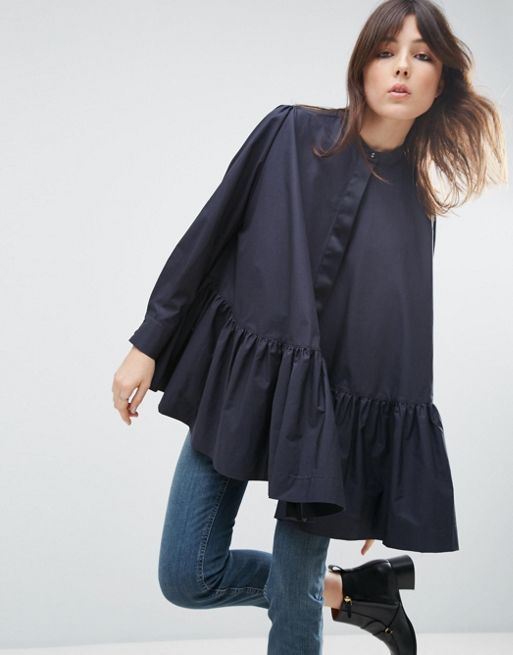 ASOS WHITE Long Sleeve Frill Hem Oversized Shirt | ASOS