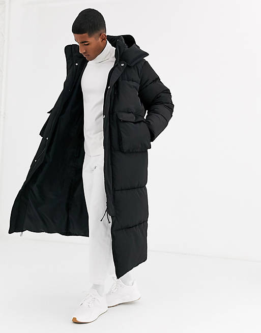 Overblijvend stropdas Koninklijke familie ASOS WHITE longline puffer jacket with hood in black | ASOS