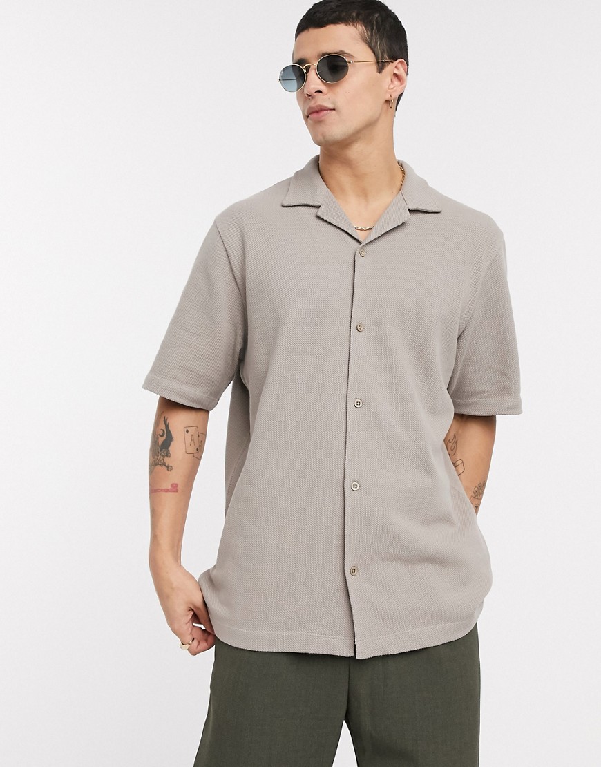 ASOS WHITE loose fit shirt in texture with revere collar in beige-Grey