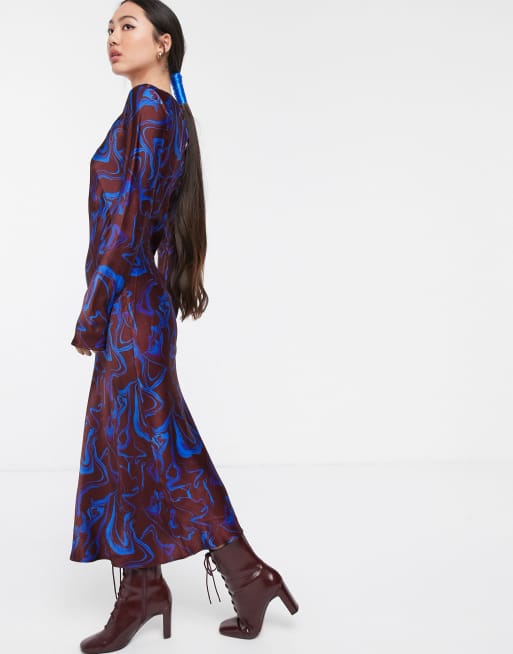 marble print long sleeve mesh bodycon dress