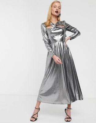 silver long sleeve midi dress