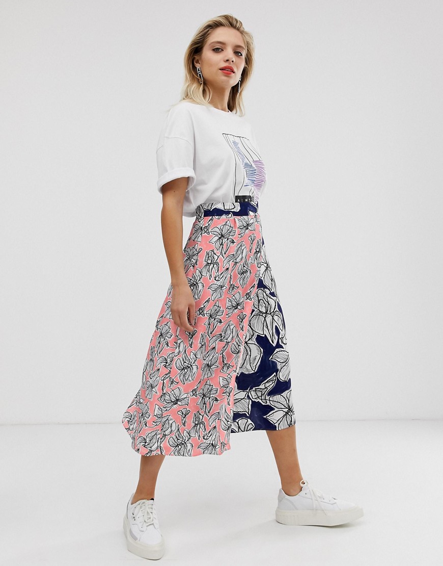 ASOS WHITE midi-nederdel i blandet blomsterprint-Multifarvet