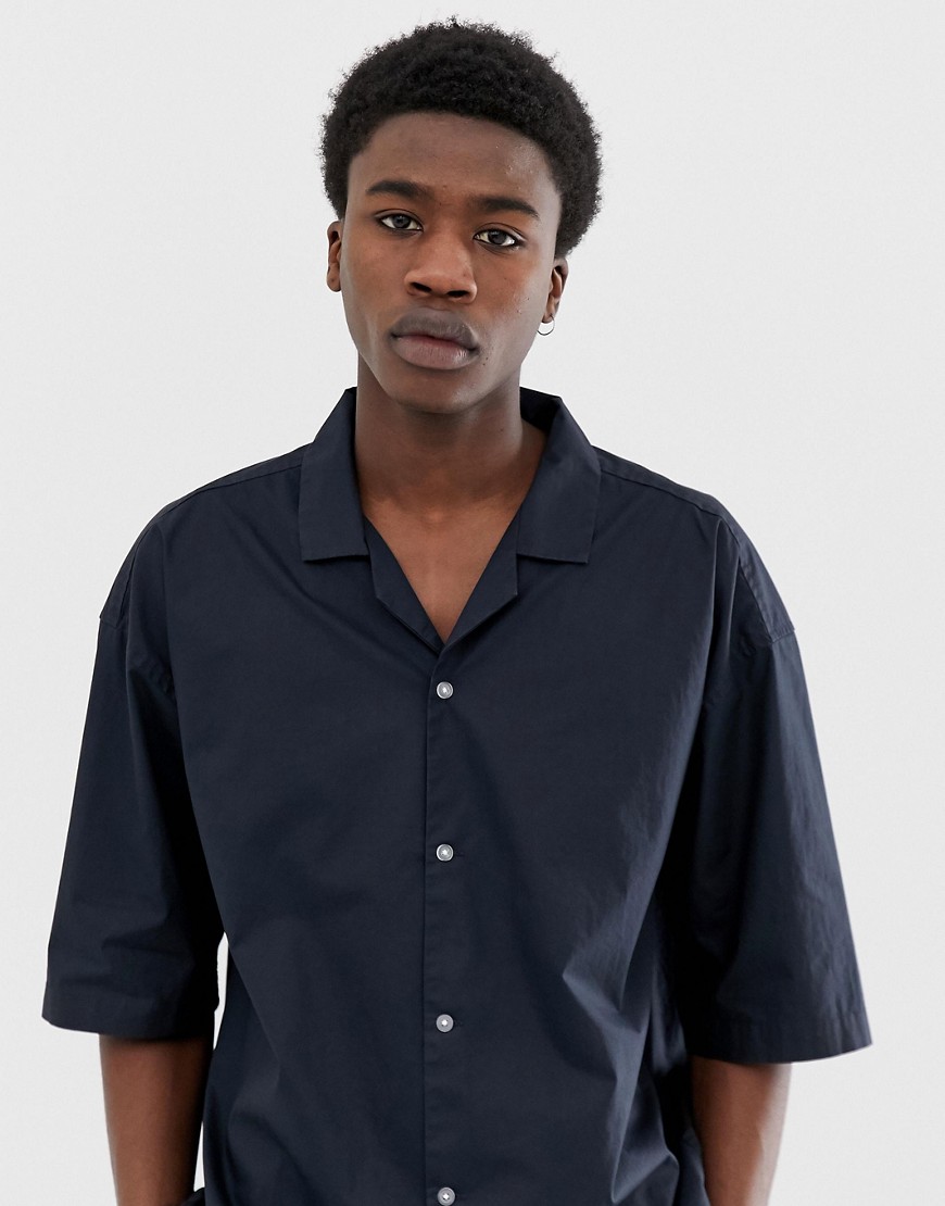 ASOS WHITE – Mörkt marinblå bomullsskjorta med papperskänsla