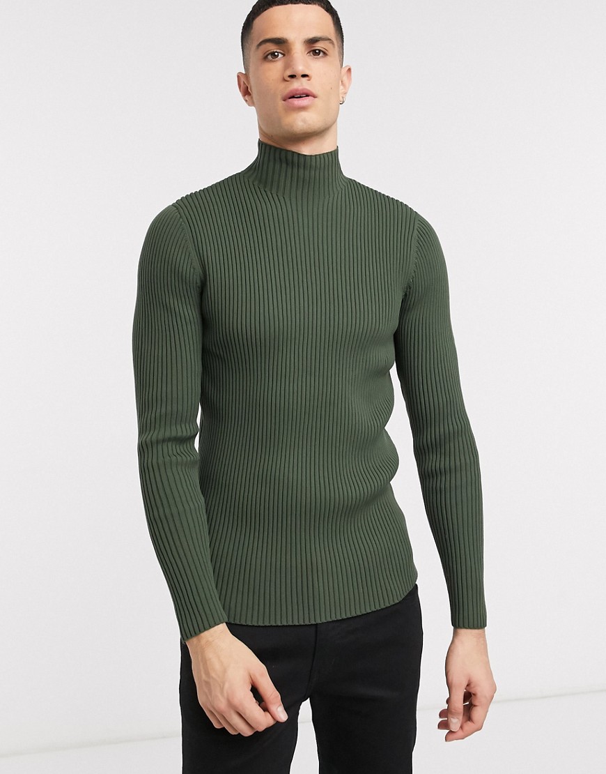 ASOS WHITE muscle fit jumper with high neck in khaki-Green