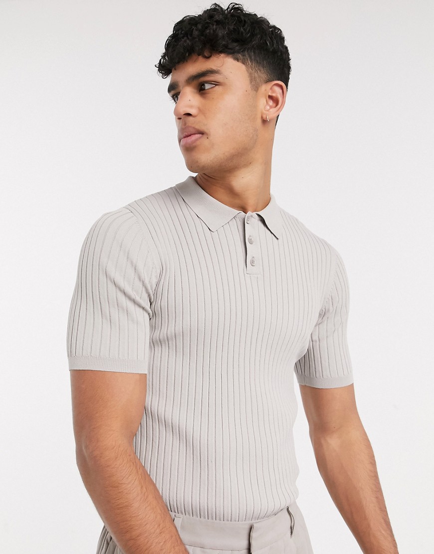 ASOS WHITE muscle fit knitted polo tee in beige