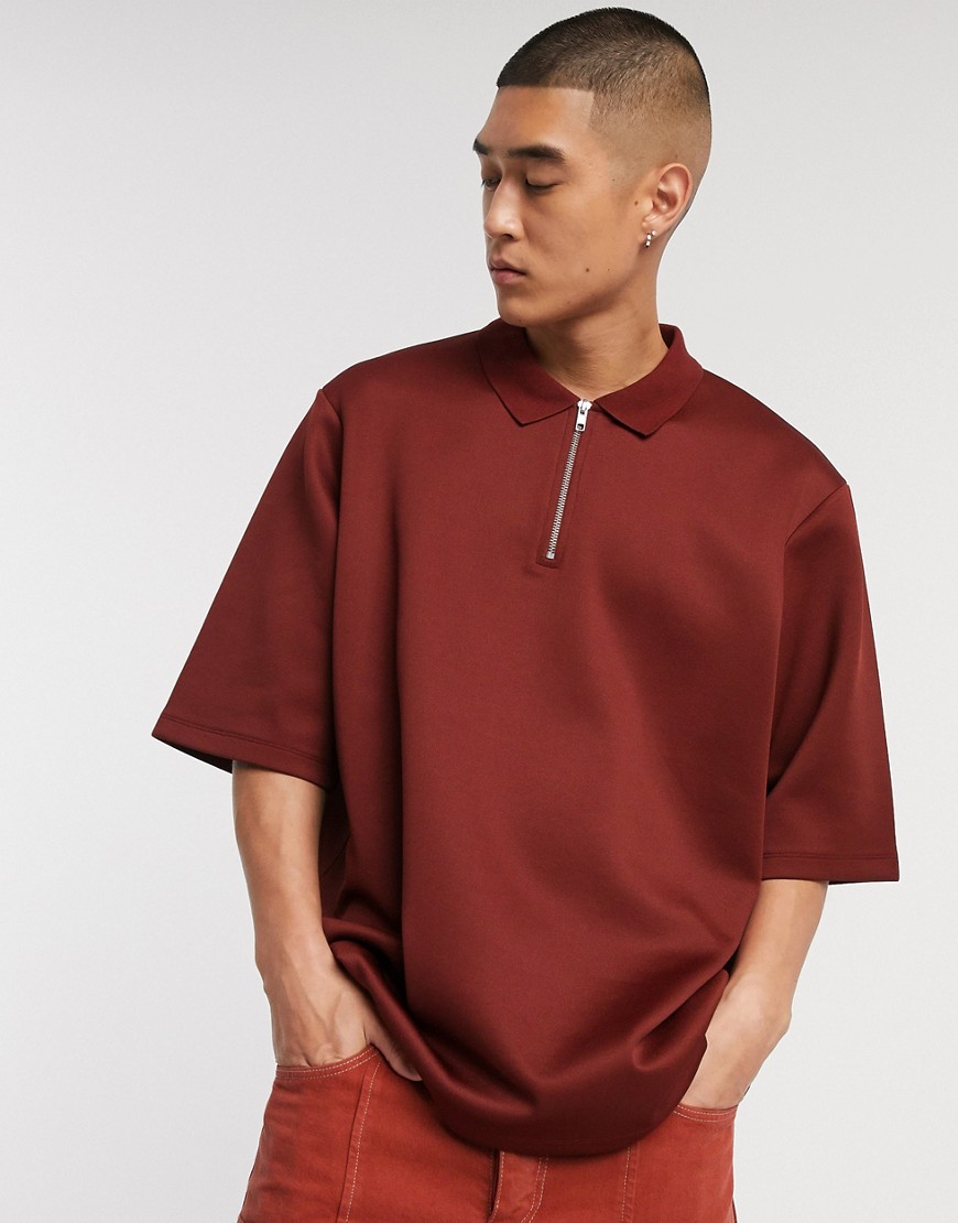 ASOS WHITE oversized polo in red pique with zip neck
