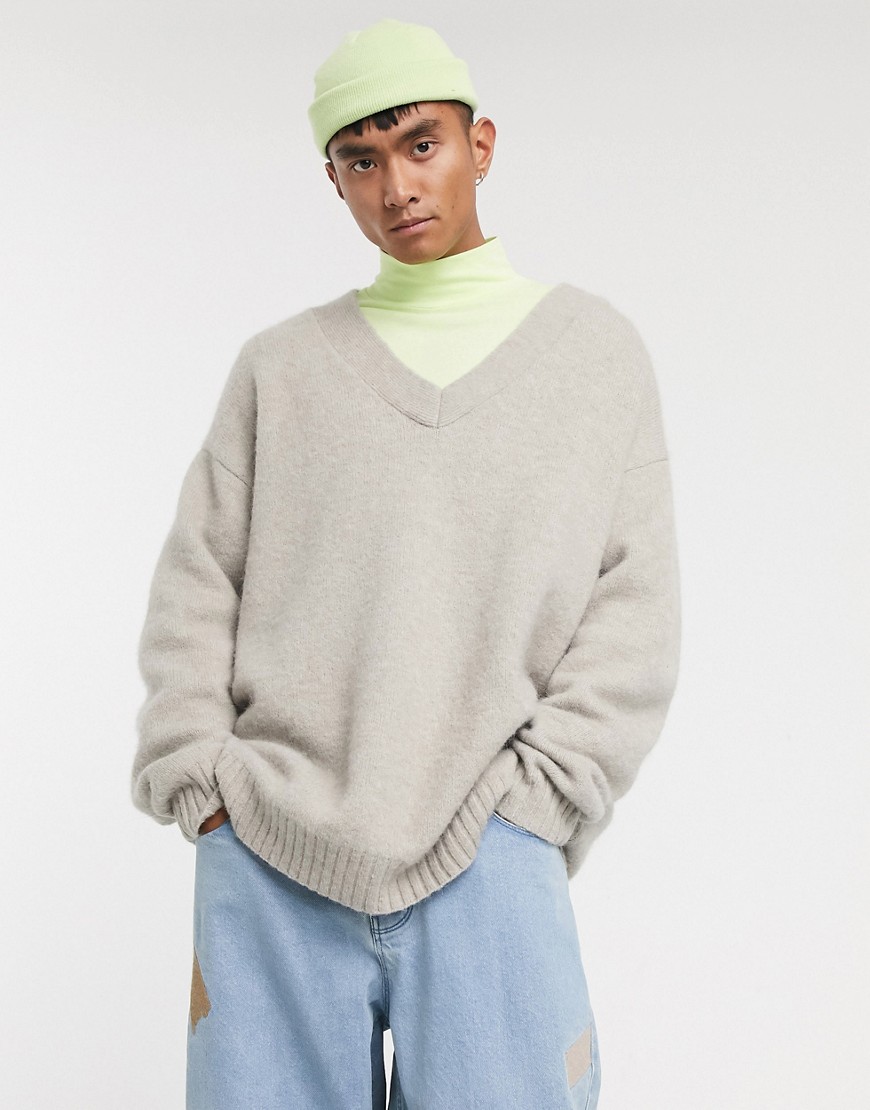 ASOS WHITE oversized v-neck jumper in alpaca knit-Grey