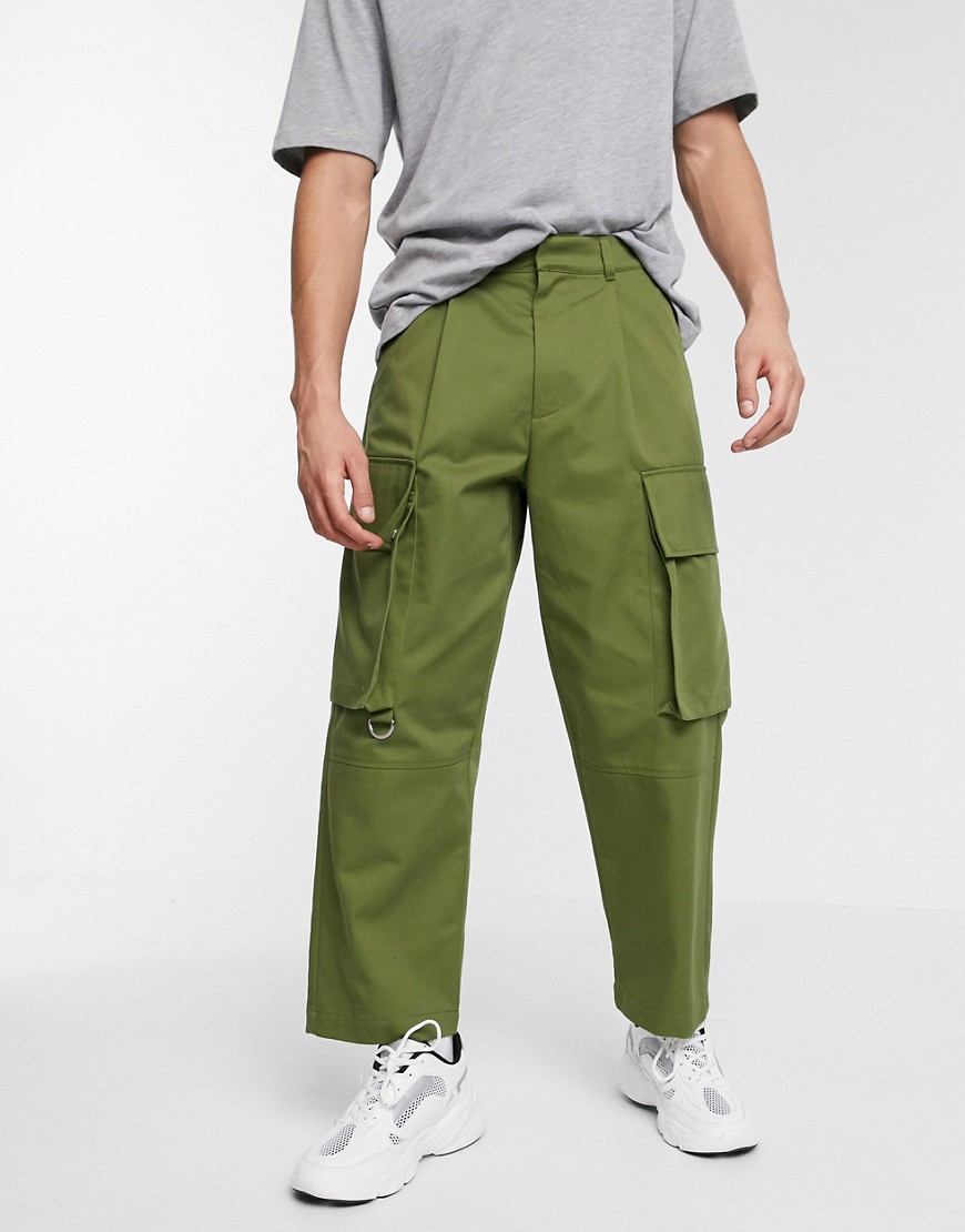 ASOS WHITE - Pantaloni cargo con fondo ampio kaki-Verde