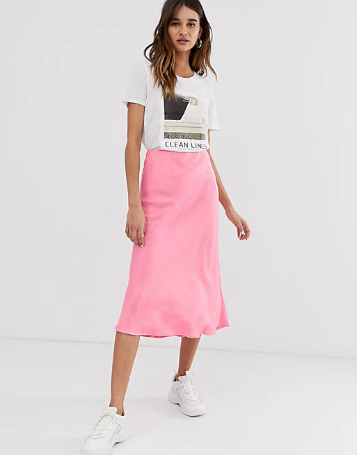ASOS WHITE pink satin bias cut skirt