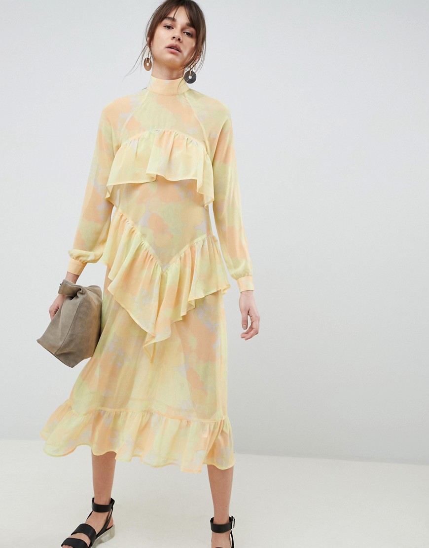ASOS WHITE Printed Chiffon Maxi Dress-Yellow