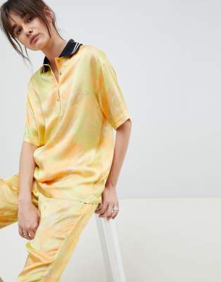 Printed Co-ord Polo T-Shirt-Yellow