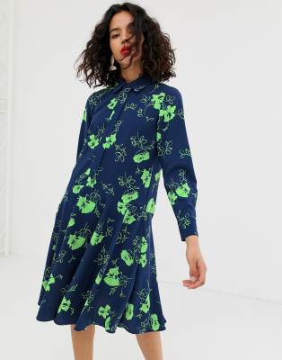 ASOS WHITE printed flower button through dress-Navy