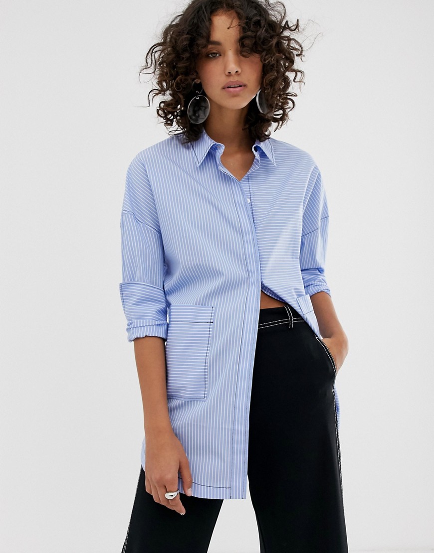 ASOS WHITE – Randig, oversized skjorta med kontrasterande sömmar-Blå