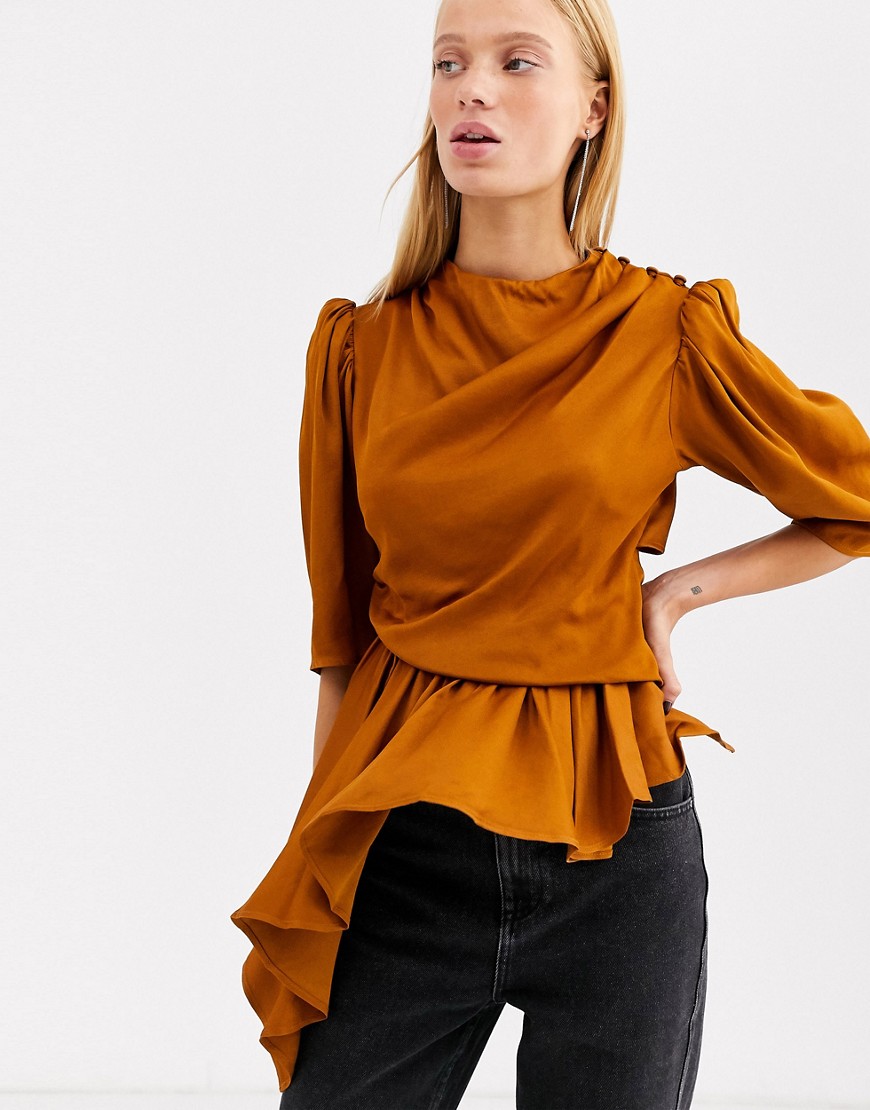 ASOS WHITE ruched sleeve high neck top-Brown