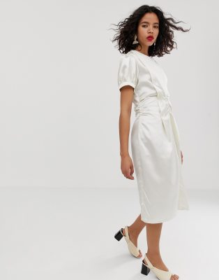 ruched midi dress white