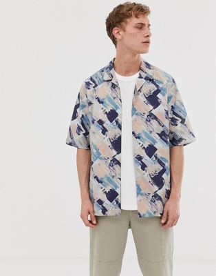 ASOS WHITE – skjorta med akvarellmönster och halv ärm-Blå