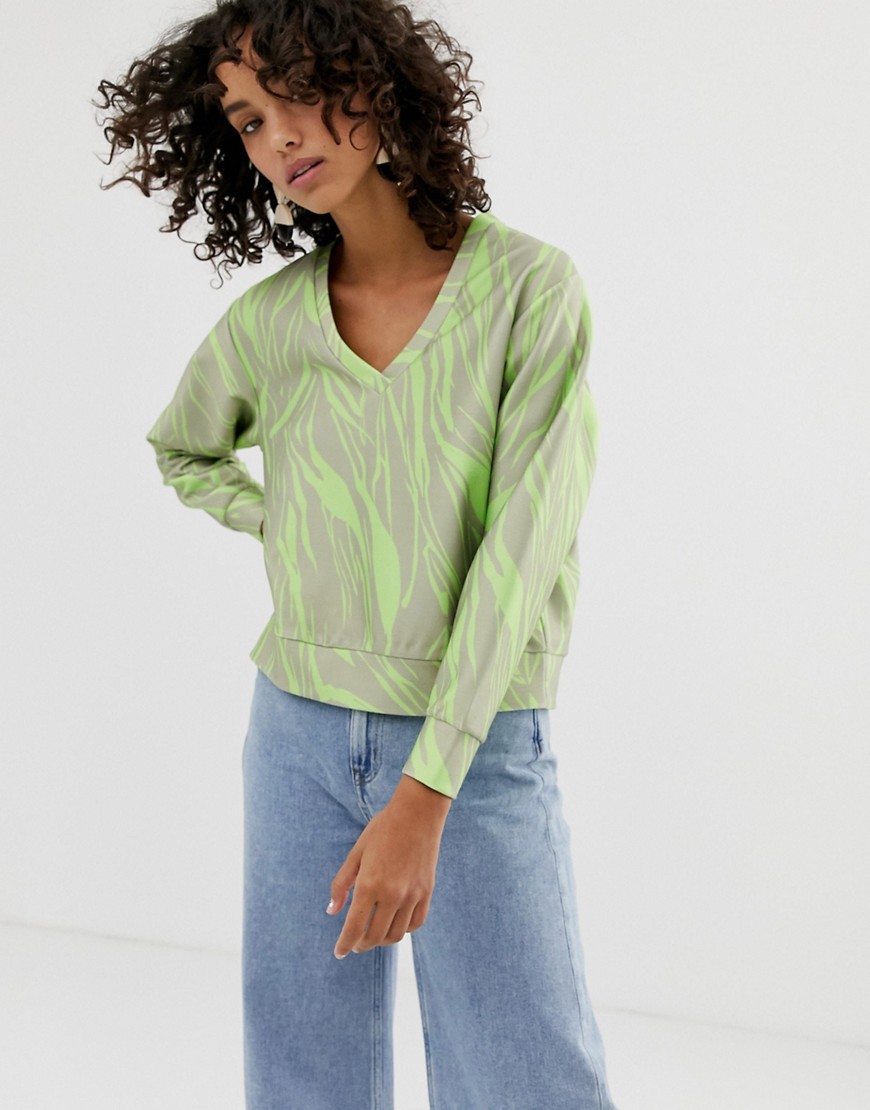 ASOS WHITE – Sweatshirt med v-ringning och fluorescerande mönster-Rosa