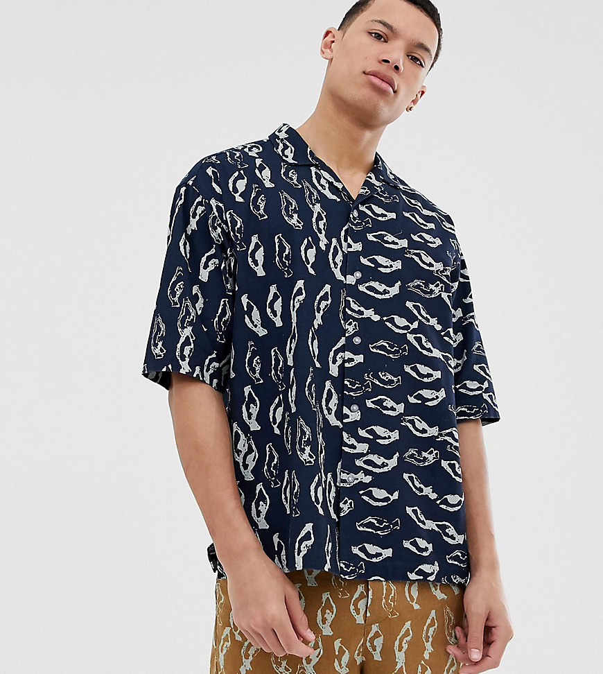 ASOS WHITE Tall co-ord boxy shirt in abstract print heavy crinkle cotton-Navy
