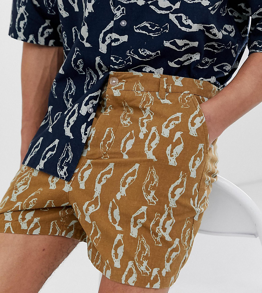 ASOS WHITE Tall – Shorts med fyrkantig passform och abstrakt mönster i krinklad bomull, del av set-Brun