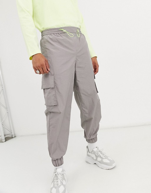 ASOS WHITE tapered cargo joggers in silver nylon