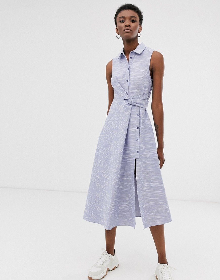 ASOS WHITE – Texturerad, ärmlös skjortklänning i bomull i midimodell-Blå