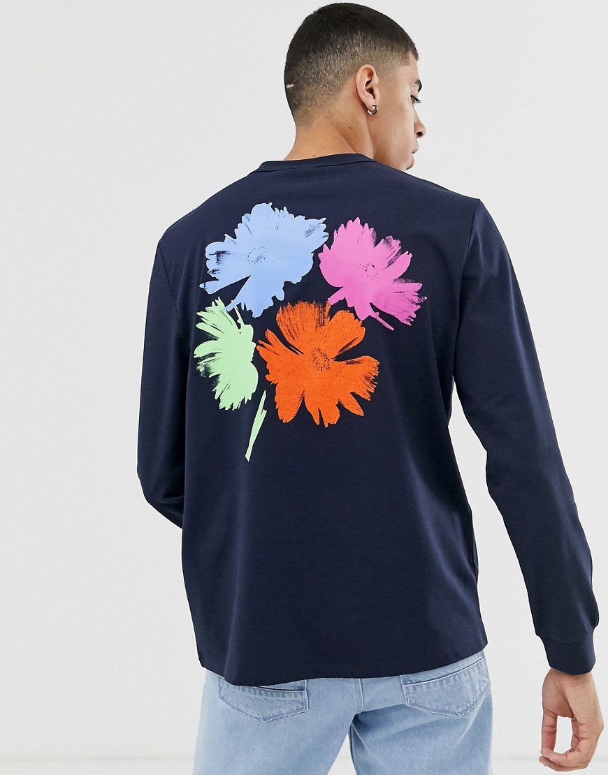 ASOS WHITE – Tjock t-shirt med lös passform, lång ärm och grafik-Marinblå