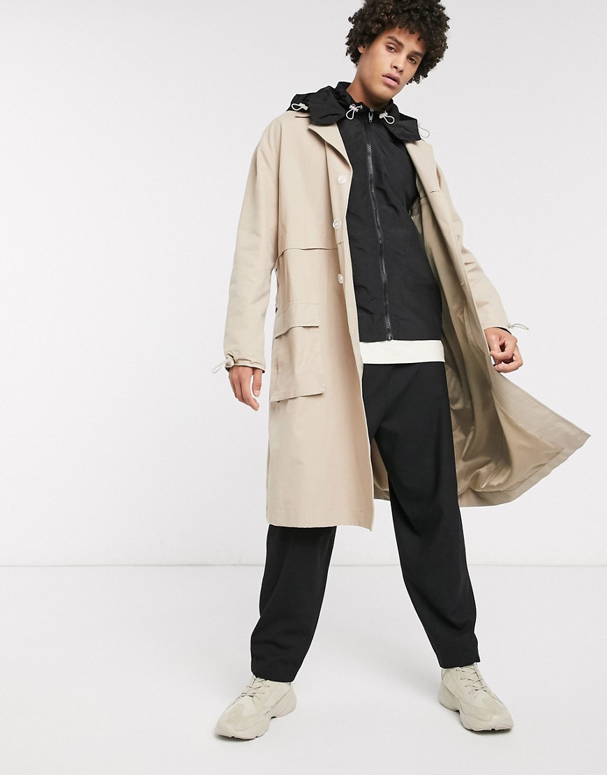 ASOS WHITE trench coat with detachable nylon gilet & hood-Beige