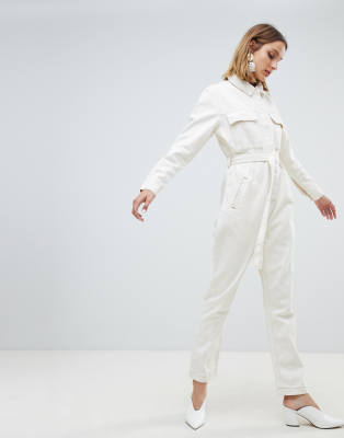 white denim utility jumpsuit