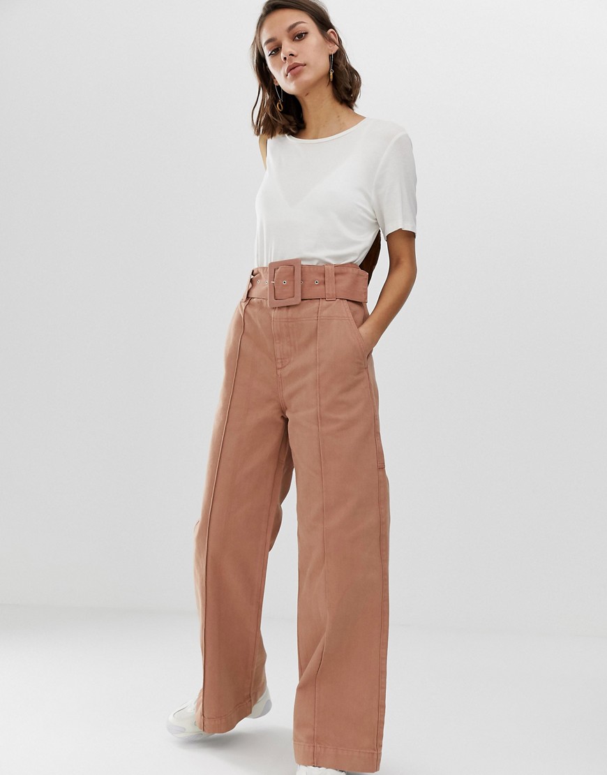 ASOS WHITE wide leg jeans with belt-Pink