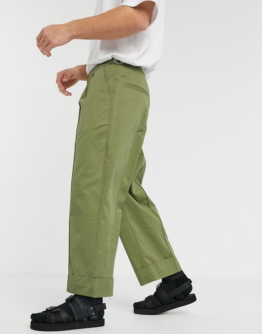 ASOS WHITE wide leg trousers with front crease in green