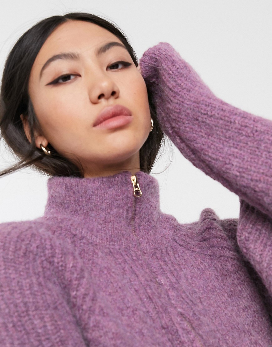 ASOS WHITE wool blend zip up neck jumper-Purple