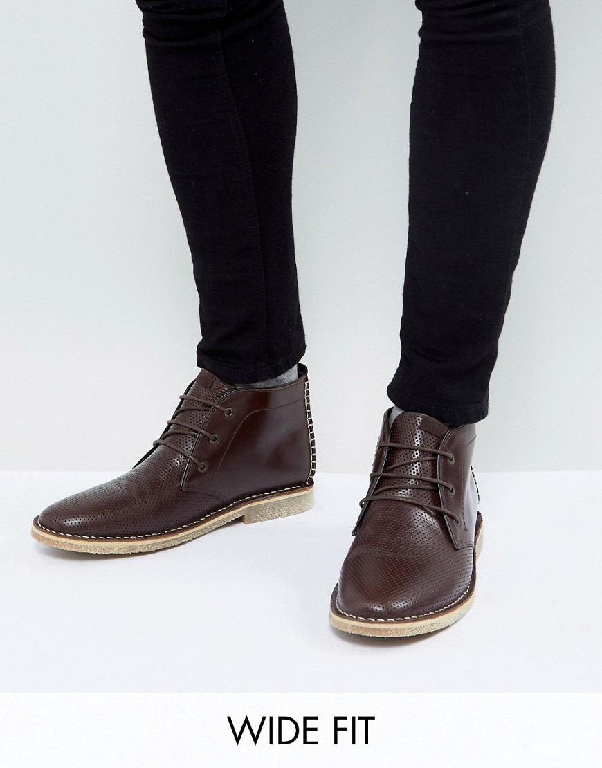 ASOS Wide Fit Desert Boots In Brown Leather With Perforated Detail