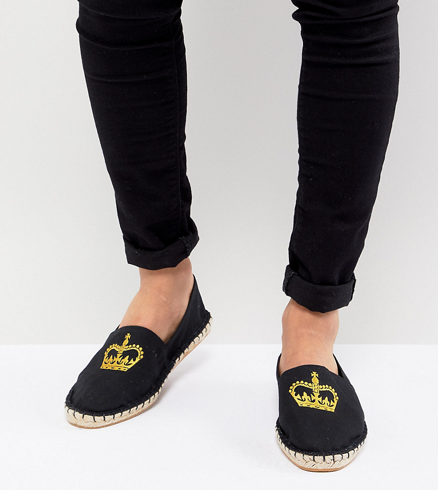 Asos Design Asos Wide Fit Espadrilles In Black Canvas With Crown Embroidery