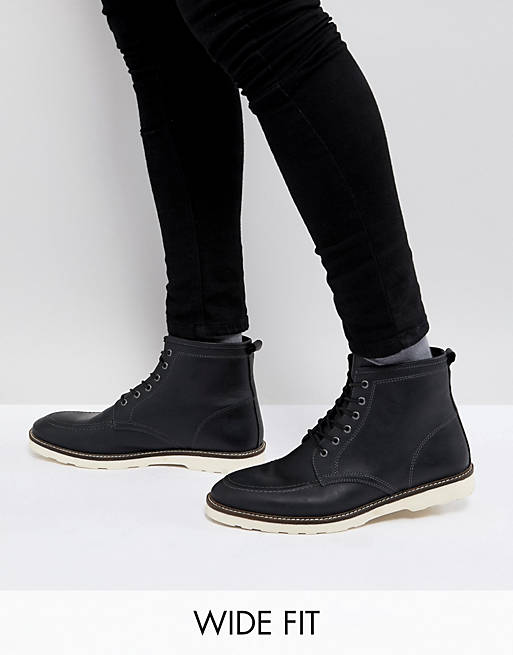 ASOS Wide Fit Lace Up Boots In Black Leather With White Sole