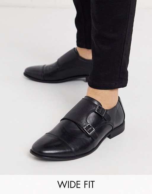 ASOS Wide Fit monk shoes in black faux leather with emboss panel