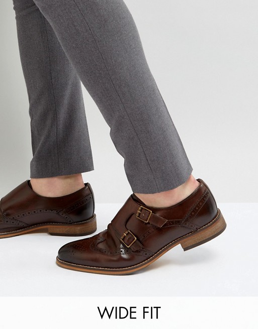 ASOS Wide Fit Monk Shoes In Brown Leather With Brogue Detail | ASOS