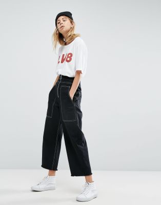 raw denim utility wide leg jeans