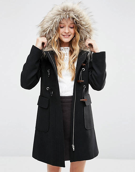 ASOS Wool Blend Faux Fur Hooded Duffle Coat