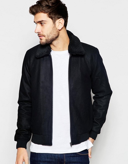 ASOS | ASOS Wool Harrington Jacket With Faux Shearling Collar In Black