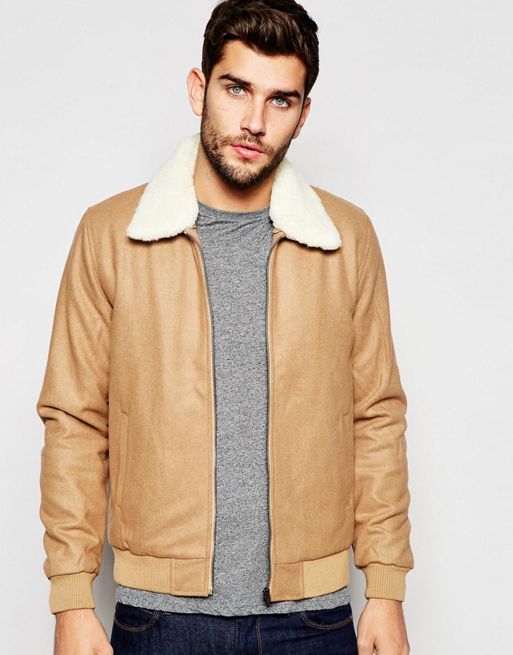 ASOS | ASOS Wool Harrington Jacket With Faux Shearling Collar In Camel